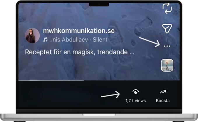 En dator som visar en bild på var du ska klicka för att se statistik från en Reel på Instagram